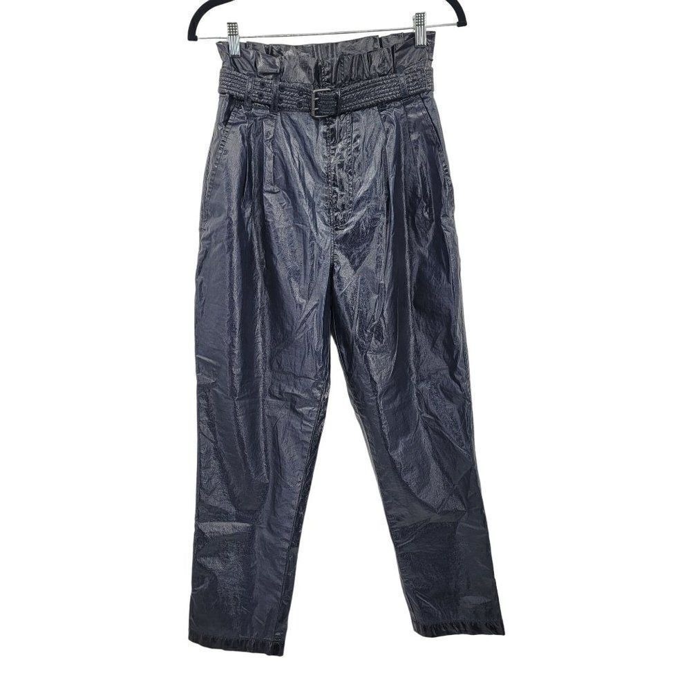 Free People Punk Faux Leather High Rise Paperbag Pants Sz 4 Tapered Metallic